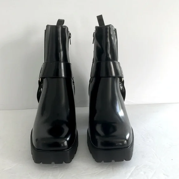 SHOE DAZZLE Black Ankle Boots Buckle Detail Lug Sole Moto Combat Shoes Size 9.5 - Picture 10 of 13